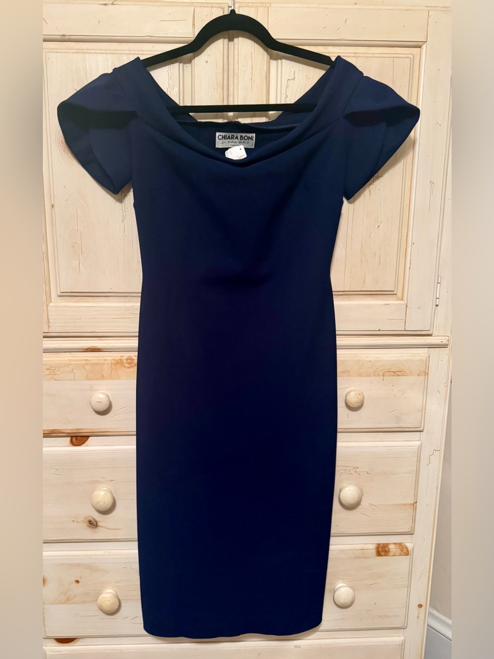 Chiara Boni Navy Off-Shoulder Midi Dress